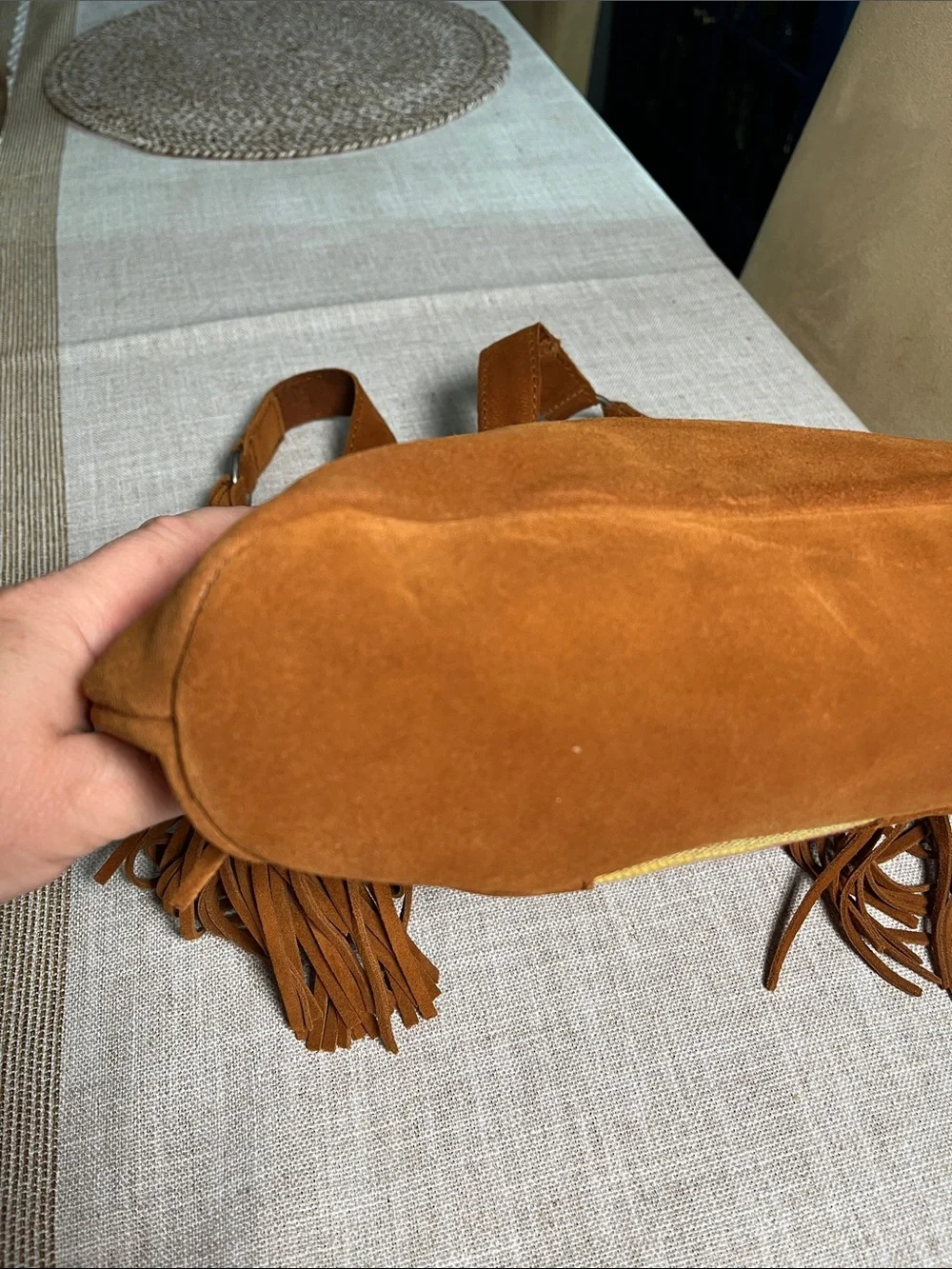 Minnetonka Cognac Suede Fringe Shoulder Bag with Multicolor Woven Panel